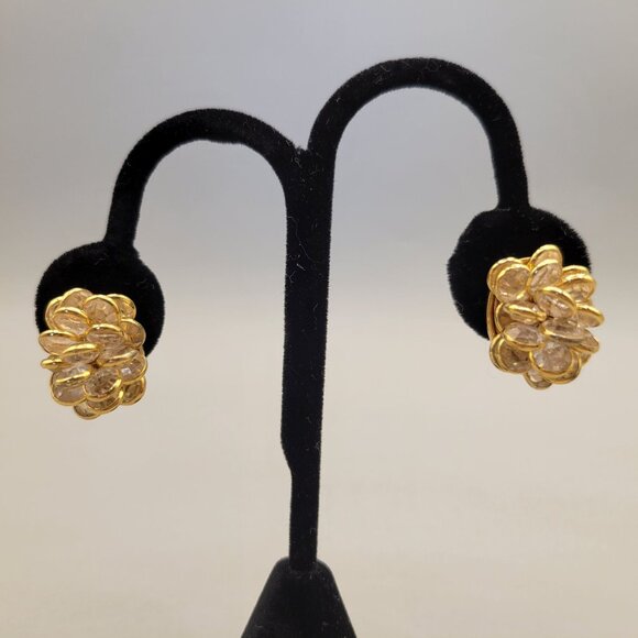 Monet Crystal Flower Clusters Gold Tone Clip-On Earrings Layered 3D - Picture 2 of 6